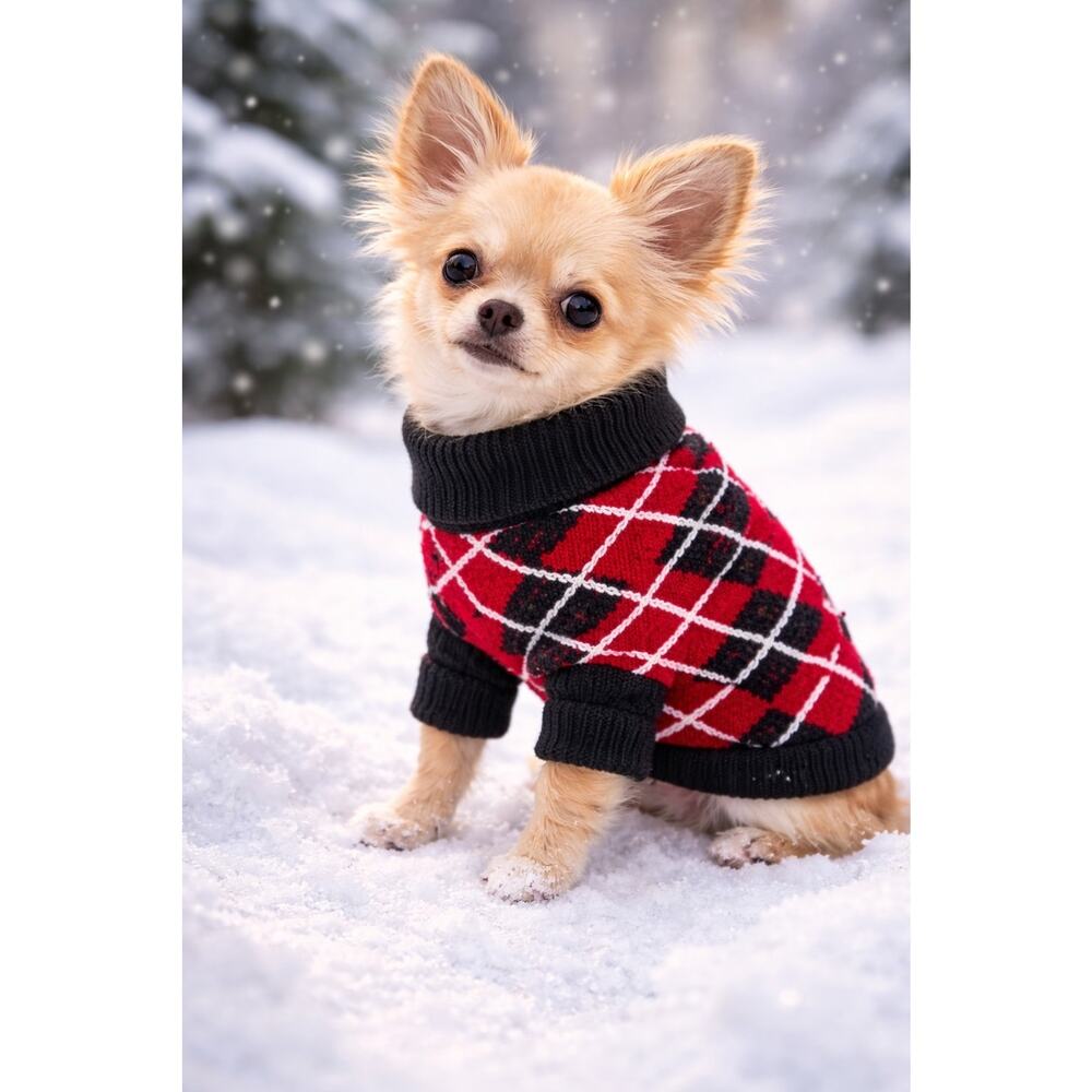 Max’s Closet Dog Sweater Size 12 Red Black Argyle Knit w Rear Leg Sleeves